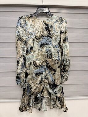 Zara Long Sleeve Paisley Dress in Black and Cream with Soft Blue Accents